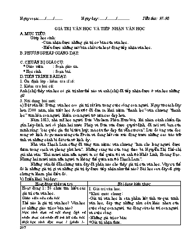 Giáo án Ngữ văn Lớp 12 - Tiết 97+98: Giá trị văn học và tiếp nhận văn học