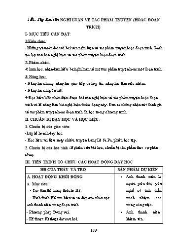 Giáo án Ngữ văn Lớp 9 (Công văn 5512) - Tiết 116, Bài: Nghị luận về tác phẩm truyện (hoặc đoạn trích)