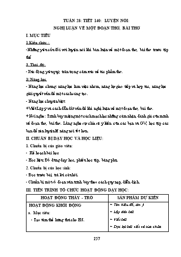 Giáo án Ngữ văn Lớp 9 (Công văn 5512) - Tiết 140, Bài: Luyện nói: Nghị luận về một đoạn thơ, bài thơ