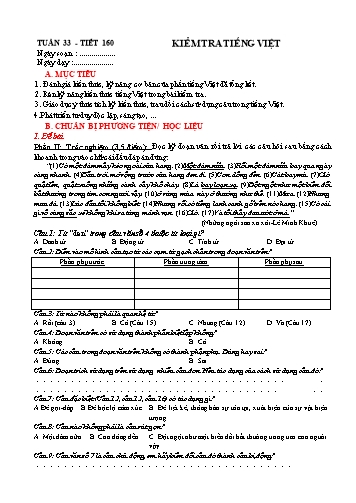 Giáo án Ngữ văn Lớp 9 (Công văn 5512) - Tiết 156: Kiểm tra Tiếng Việt