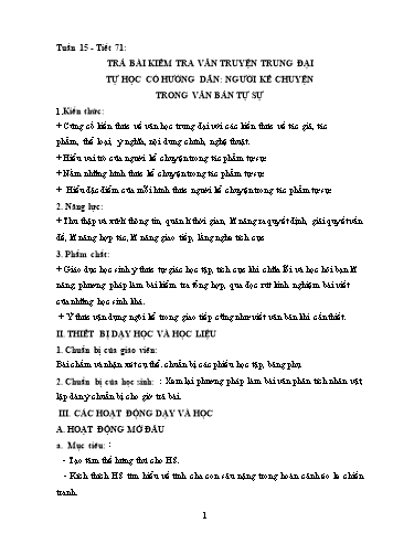 Giáo án Ngữ văn Lớp 9 (Công văn 5512) - Tiết 71, Bài: Trả bài kiểm tra văn truyện trung đại. Tự học có hướng dẫn: Người kể chuyện trong văn bản tự sự