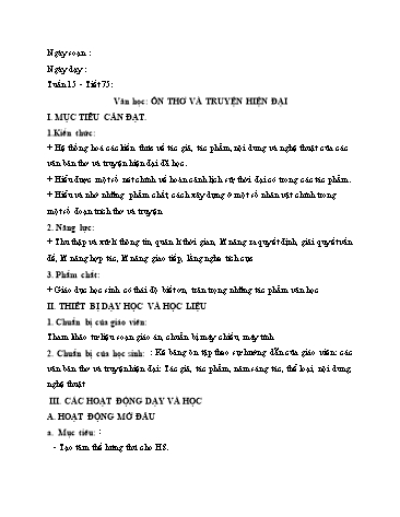 Giáo án Ngữ văn Lớp 9 (Công văn 5512) - Tiết 75, Bài: Văn học Ôn thơ và truyện hiện đại