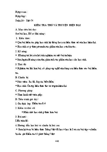 Giáo án Ngữ văn Lớp 9 (Công văn 5512) - Tiết 76, Bài: Kiểm tra thơ và truyện hiện đại
