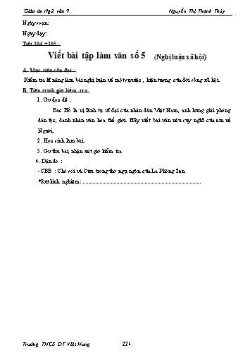 Giáo án Ngữ văn Lớp 9 - Tiết 104+105: Viết bài tập làm văn số 5 (Nghị luận xã hội) - Trường THCS ĐT Việt Hưng