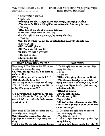 Giáo án Ngữ văn Lớp 9 - Tiết 107+108, Bài 19: Cách làm bài nghị luận về một sự việc, hiện tượng đời sống