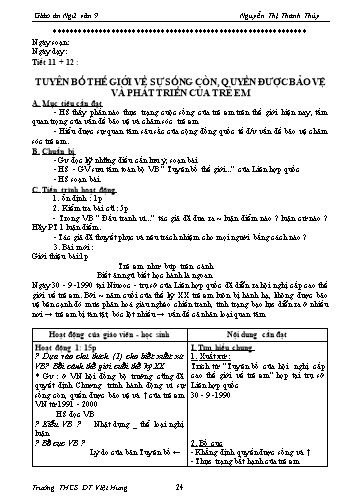 Giáo án Ngữ văn Lớp 9 - Tiết 11: Văn bản: Tuyên bố thế giới về sự sống còn, quyền được bảo vệ và phát triển của trẻ em - Trường THCS ĐT Việt Hưng