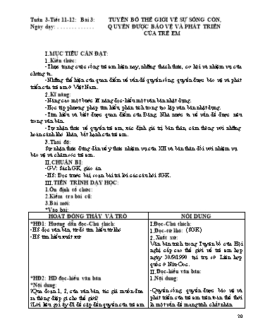 Giáo án Ngữ văn Lớp 9 - Tiết 11+12, Bài 3: Văn bản: Tuyên bố thế giới về sự sống còn, quyền được bảo vệ và phát triển của trẻ em