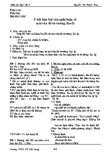 Giáo án Ngữ văn Lớp 9 - Tiết 113+114: Cách làm bài văn nghị luận về một vấn đề tư tưởng, đạo lý - Trường THCS ĐT Việt Hưng