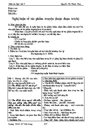 Giáo án Ngữ văn Lớp 9 - Tiết 118: Nghị luận về tác phẩm truyện (hoặc đoạn trích) - Trường THCS ĐT Việt Hưng