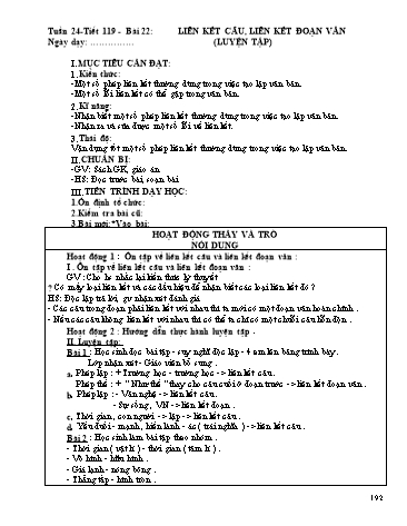 Giáo án Ngữ văn Lớp 9 - Tiết 119, Bài 22: Liên kết câu và liên kết đoạn văn (Luyện tập)