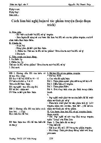 Giáo án Ngữ văn Lớp 9 - Tiết 119: Cách làm bài nghị luận về tác phẩm truyện (hoặc đoạn trích) - Trường THCS ĐT Việt Hưng