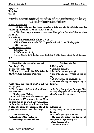 Giáo án Ngữ văn Lớp 9 - Tiết 12: Văn bản: Tuyên bố thế giới về sự sống còn, quyền được bảo vệ và phát triển của trẻ em - Trường THCS ĐT Việt Hưng