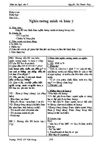 Giáo án Ngữ văn Lớp 9 - Tiết 123: Nghĩa tường minh và hàm ý - Trường THCS ĐT Việt Hưng