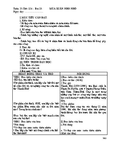 Giáo án Ngữ văn Lớp 9 - Tiết 124, Bài 23: Văn bản: Mùa xuân nho nhỏ