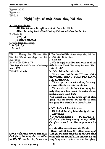 Giáo án Ngữ văn Lớp 9 - Tiết 124: Nghị luận về một đoạn thơ, bài thơ - Trường THCS ĐT Việt Hưng