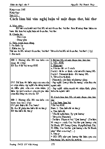 Giáo án Ngữ văn Lớp 9 - Tiết 125: Cách làm bài văn nghị luận về một đoạn thơ, bài thơ - Trường THCS ĐT Việt Hưng