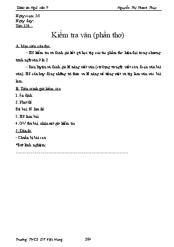 Giáo án Ngữ văn Lớp 9 - Tiết 129: Kiểm tra văn (phần thơ) - Trường THCS ĐT Việt Hưng
