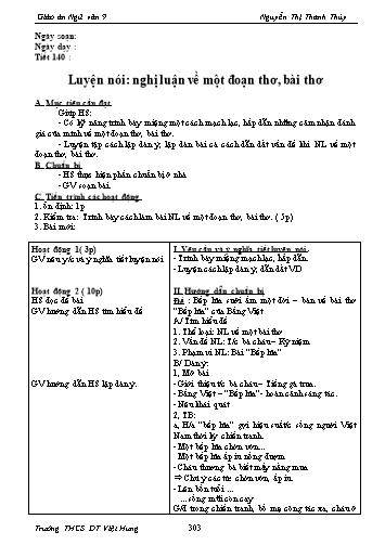 Giáo án Ngữ văn Lớp 9 - Tiết 140: Luyện nói Nghị luận về một đoạn thơ, bài thơ - Trường THCS ĐT Việt Hưng