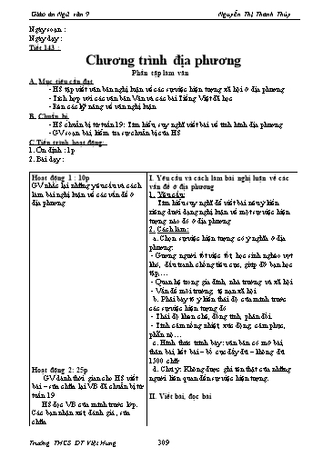 Giáo án Ngữ văn Lớp 9 - Tiết 143: Chương trình địa phương: Phần tập làm văn - Trường THCS ĐT Việt Hưng
