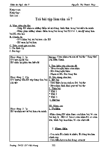 Giáo án Ngữ văn Lớp 9 - Tiết 144: Trả bài tập làm văn số 7 - Trường THCS ĐT Việt Hưng