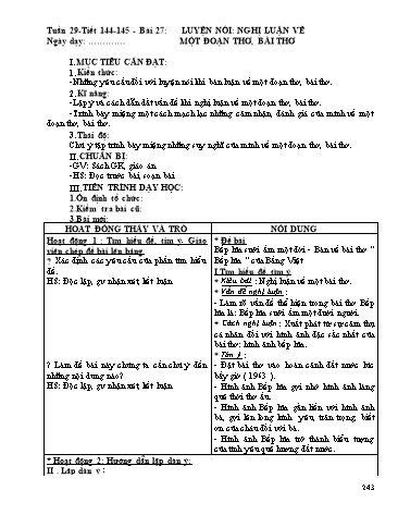 Giáo án Ngữ văn Lớp 9 - Tiết 144+145, Bài 27: Luyện nói Nghị luận về một đoạn thơ, bài thơ