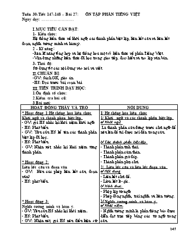 Giáo án Ngữ văn Lớp 9 - Tiết 147+148, Bài 27: Ôn tập phần Tiếng Việt