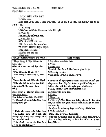 Giáo án Ngữ văn Lớp 9 - Tiết 154, Bài 28: Biên bản