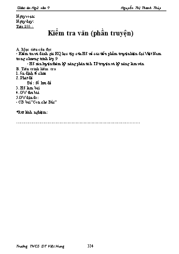 Giáo án Ngữ văn Lớp 9 - Tiết 155: Kiểm tra văn (phần truyện) - Trường THCS ĐT Việt Hưng