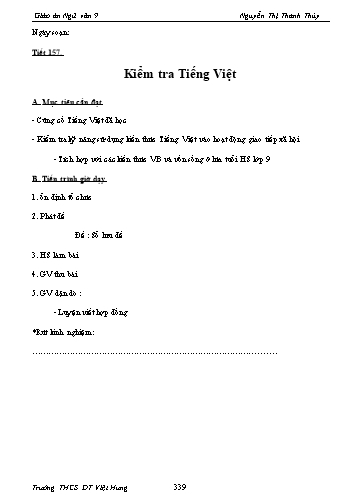 Giáo án Ngữ văn Lớp 9 - Tiết 157: Kiểm tra Tiếng Việt - Trường THCS ĐT Việt Hưng