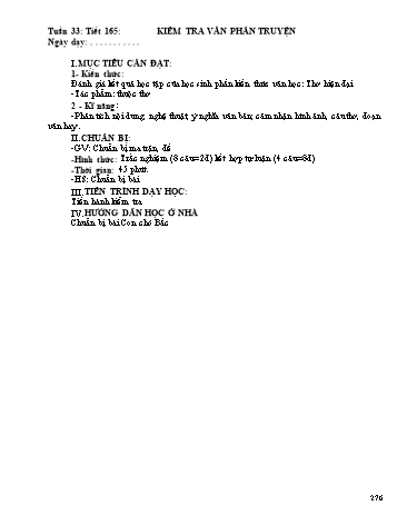 Giáo án Ngữ văn Lớp 9 - Tiết 165, Bài 31: Kiểm tra văn phần truyện
