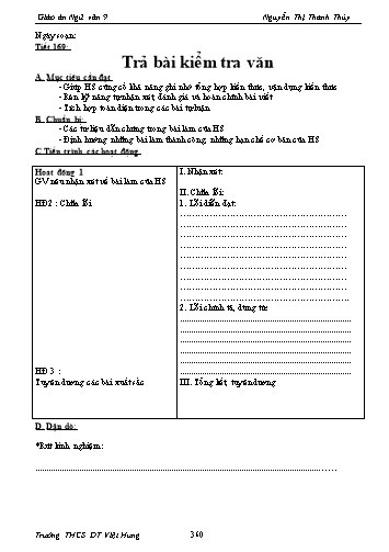 Giáo án Ngữ văn Lớp 9 - Tiết 169: Trả bài kiểm tra văn - Trường THCS ĐT Việt Hưng