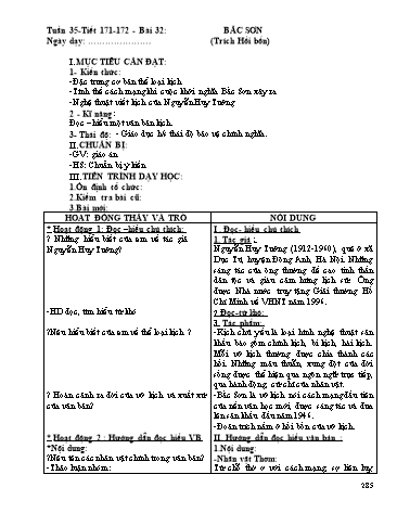 Giáo án Ngữ văn Lớp 9 - Tiết 171+172, Bài 32: Văn bản: Bắc Sơn (trích Hồi bốn)