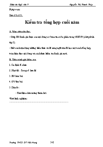 Giáo án Ngữ văn Lớp 9 - Tiết 171+172: Kiểm tra tổng hợp cuối năm - Trường THCS ĐT Việt Hưng