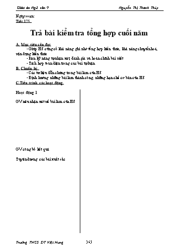 Giáo án Ngữ văn Lớp 9 - Tiết 175: Trả bài kiểm tra tổng hợp cuối năm - Trường THCS ĐT Việt Hưng
