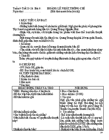 Giáo án Ngữ văn Lớp 9 - Tiết 23+24, Bài 5: Văn bản: Hoàng Lê nhất thống chí-Hồi thứ mười bốn (Trích)