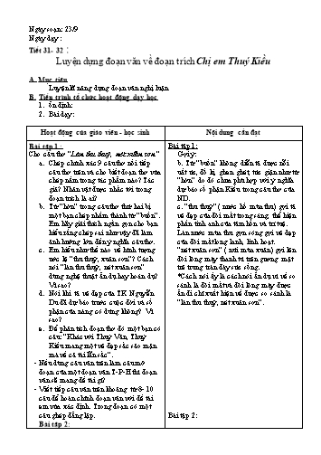 Giáo án Ngữ văn Lớp 9 - Tiết 31+32: Luyện dựng đoạn văn về đoạn trích Chị em Thuý Kiều - Trường THCS ĐT Việt Hưng