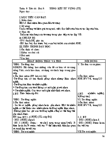 Giáo án Ngữ văn Lớp 9 - Tiết 44, Bài 9: Tổng kết từ vựng (Tiếp theo)