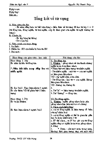 Giáo án Ngữ văn Lớp 9 - Tiết 44: Tổng kết về từ vựng - Trường THCS ĐT Việt Hưng