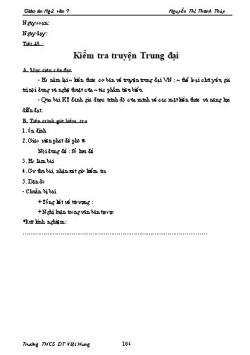 Giáo án Ngữ văn Lớp 9 - Tiết 48: Kiểm tra truyện Trung đại - Trường THCS ĐT Việt Hưng