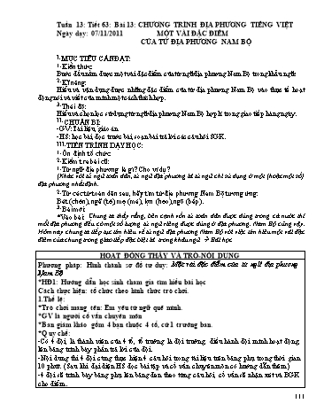 Giáo án Ngữ văn Lớp 9 - Tiết 63, Bài 13: Chương trình địa phương Tiếng Việt: Một vài đặc điểm của từ địa phương Nam Bộ