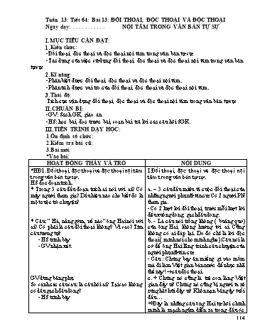 Giáo án Ngữ văn Lớp 9 - Tiết 64, Bài 13: Đối thoại, độc thoại và độc thoại nội tâm trong văn bản tự sự