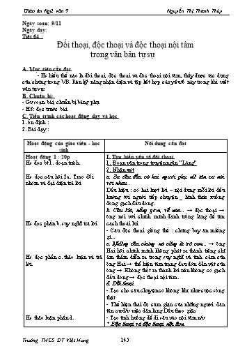 Giáo án Ngữ văn Lớp 9 - Tiết 64: Đối thoại, độc thoại và độc thoại nội tâm trong văn bản tự sự - Trường THCS ĐT Việt Hưng