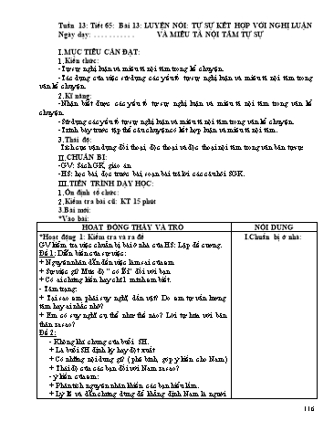 Giáo án Ngữ văn Lớp 9 - Tiết 65, Bài 13: Luyện nói: Tự sự kết hợp với nghị luận và miêu tả nội tâm