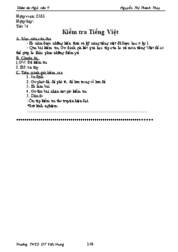 Giáo án Ngữ văn Lớp 9 - Tiết 74: Kiểm tra Tiếng Việt - Trường THCS ĐT Việt Hưng