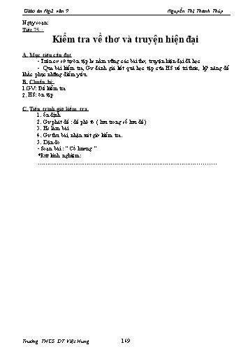Giáo án Ngữ văn Lớp 9 - Tiết 75: Kiểm tra về thơ và truyện hiện đại - Trường THCS ĐT Việt Hưng