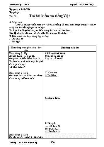 Giáo án Ngữ văn Lớp 9 - Tiết 79: Trả bài kiểm tra Tiếng Việt - Trường THCS ĐT Việt Hưng