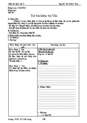 Giáo án Ngữ văn Lớp 9 - Tiết 80: Trả bài kiểm tra Văn - Trường THCS ĐT Việt Hưng