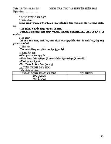 Giáo án Ngữ văn Lớp 9 - Tiết 81, Bài 15: Kiểm tra về thơ và truyện hiện đại