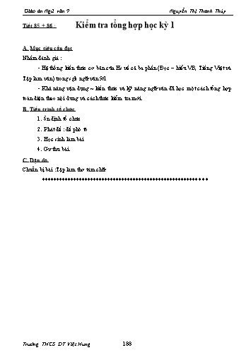 Giáo án Ngữ văn Lớp 9 - Tiết 85+86: Kiểm tra tổng hợp học kỳ 1 - Trường THCS ĐT Việt Hưng