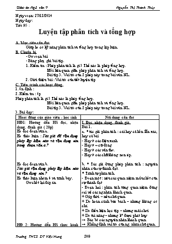Giáo án Ngữ văn Lớp 9 - Tiết 95: Luyện tập phân tích và tổng hợp - Trường THCS ĐT Việt Hưng